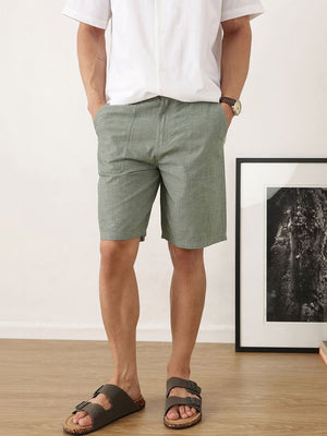 Green Regular Fit Mid-Rise Solid Woven Cotton Linen Shorts For Men