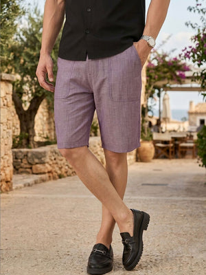 Maroon Regular Fit Mid-Rise Solid Woven Cotton Linen Shorts For Men