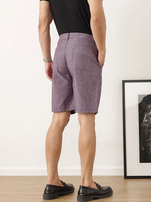 Maroon Regular Fit Mid-Rise Solid Woven Cotton Linen Shorts For Men
