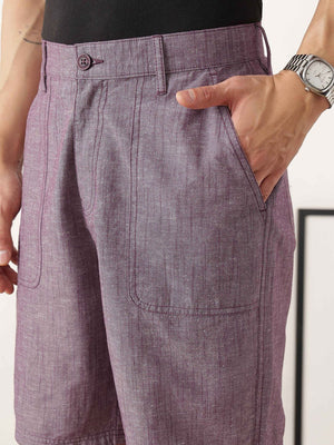Maroon Regular Fit Mid-Rise Solid Woven Cotton Linen Shorts For Men