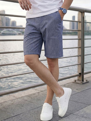Navy Regular Fit Mid-Rise Solid Woven Cotton Linen Shorts For Men