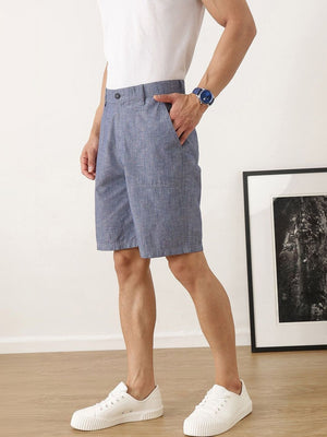 Navy Regular Fit Mid-Rise Solid Woven Cotton Linen Shorts For Men