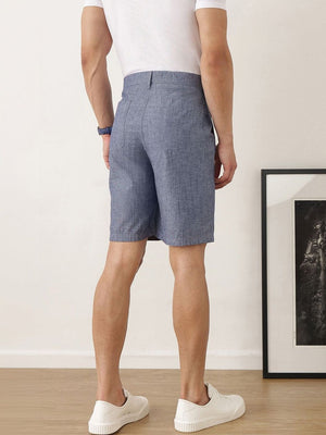Navy Regular Fit Mid-Rise Solid Woven Cotton Linen Shorts For Men