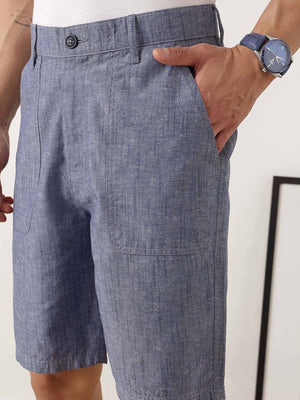 Navy Regular Fit Mid-Rise Solid Woven Cotton Linen Shorts For Men