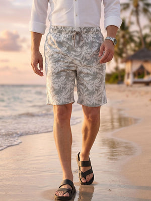 Grey Regular Fit Mid-Rise Floral Printed Woven Shorts For Men