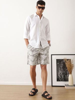 Grey Regular Fit Mid-Rise Floral Printed Woven Shorts For Men