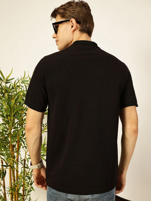 Black Regular Fit Short Sleeves Solid Polo Collar Knit Tshirt For Men