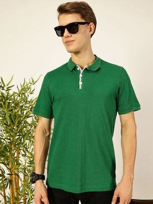 Green Regular Fit Short Sleeves Solid Polo Collar Knit Tshirt For Men
