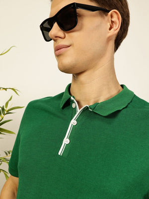Green Regular Fit Short Sleeves Solid Polo Collar Knit Tshirt For Men