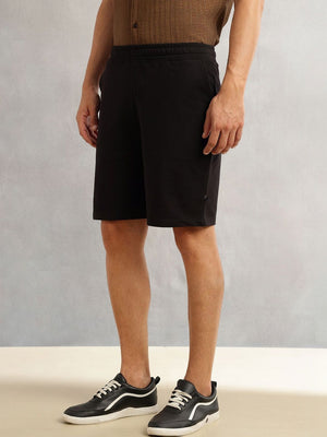 Black Mid-Rise Regular Fit Solid Knee Length Knitted Shorts For Men