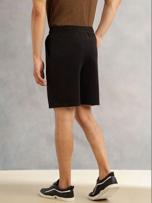 Black Mid-Rise Regular Fit Solid Knee Length Knitted Shorts For Men