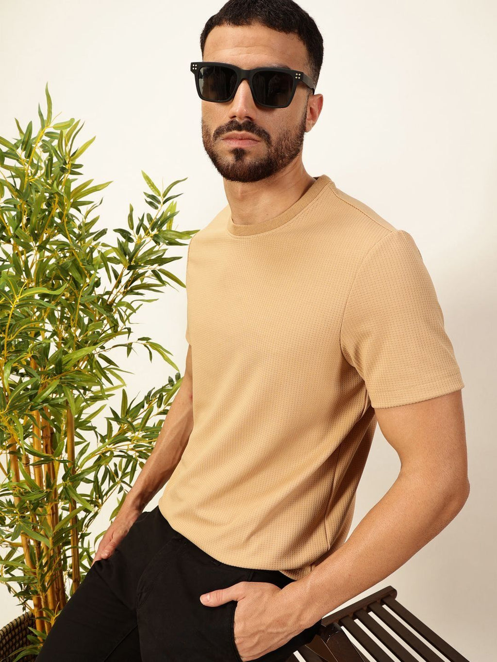 Khaki Anti Odour Solid Round Neck T-Shirt