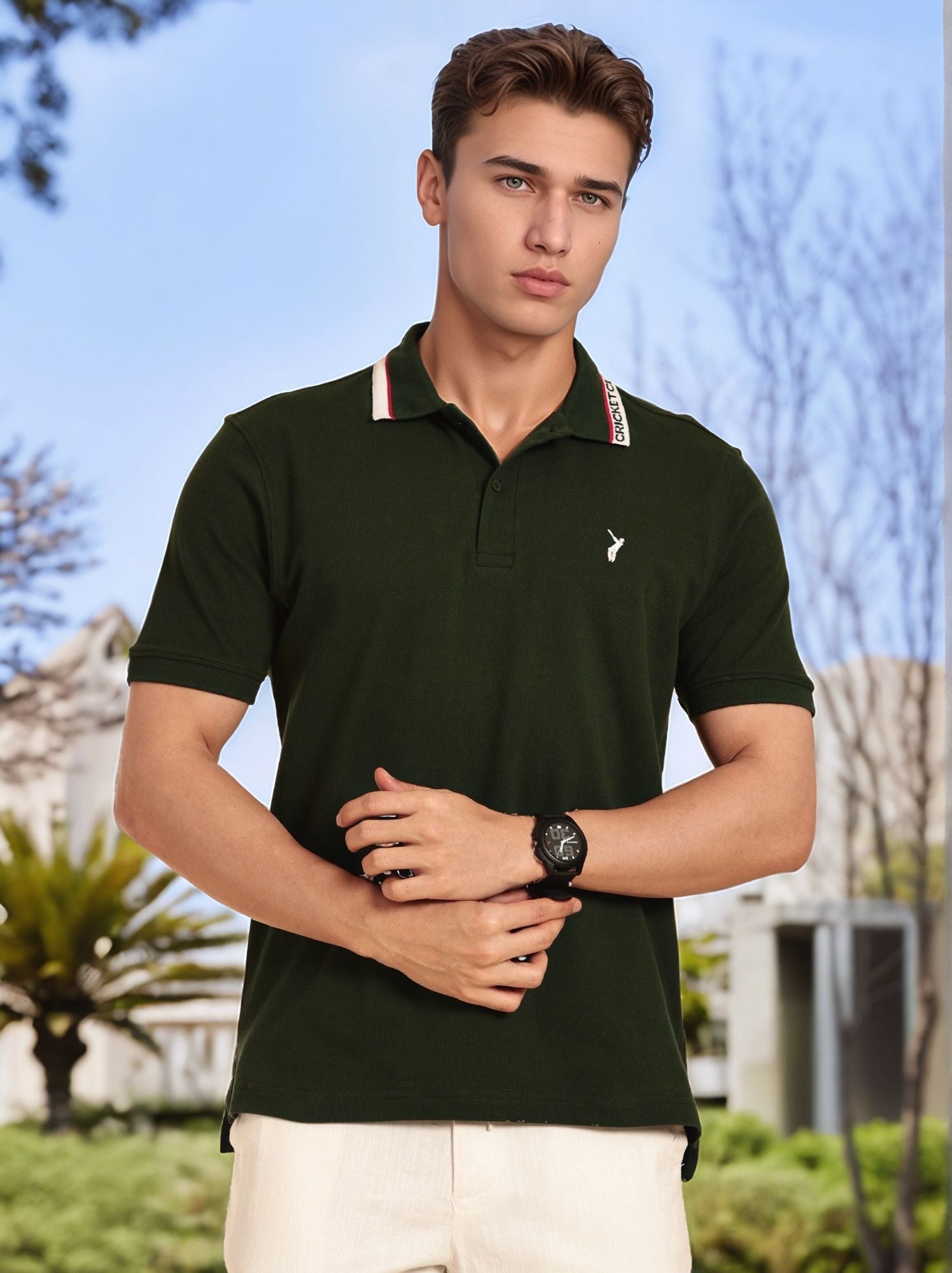 Thomas Scott Men Bottle Green Regular Fit Short Sleeves Knitted Polo Collar T-shirt