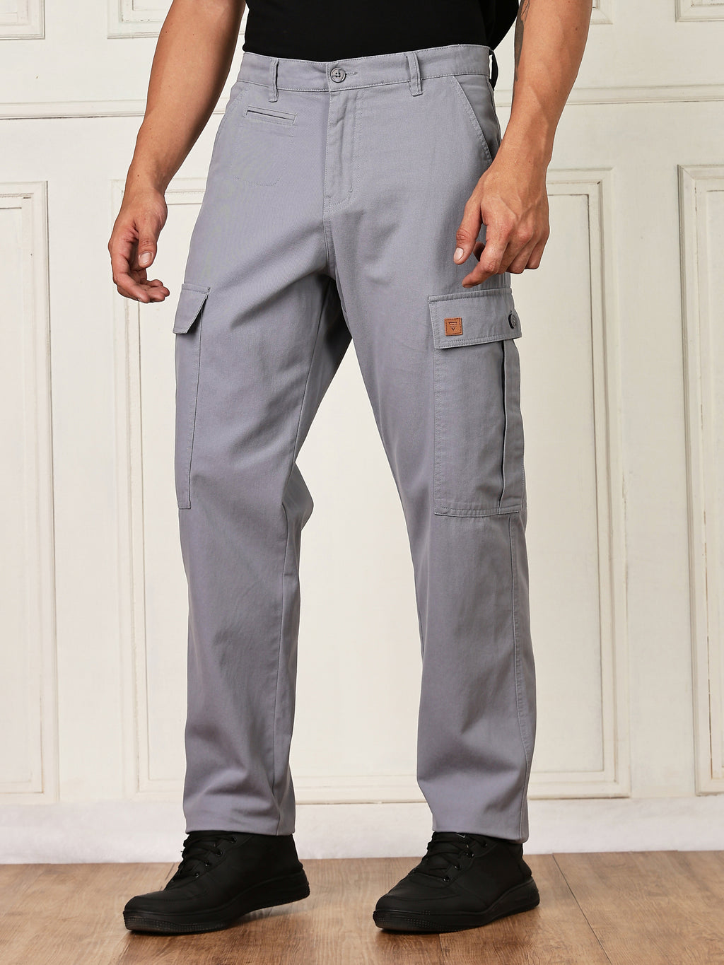 Thomas Scott Men LightBlue Mid-Rise Straight Fit Woven Cargo Trouser