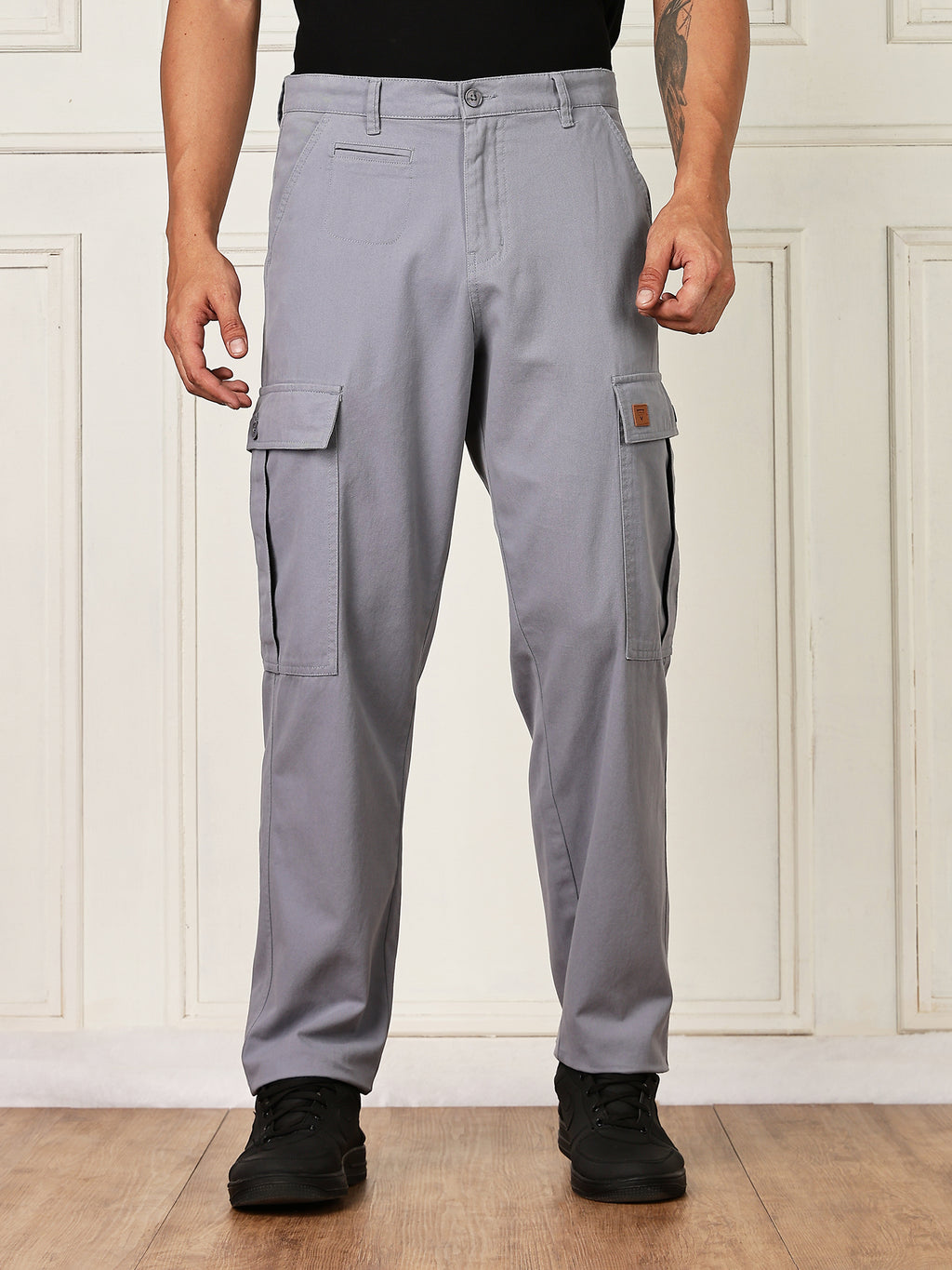Thomas Scott Men LightBlue Mid-Rise Straight Fit Woven Cargo Trouser