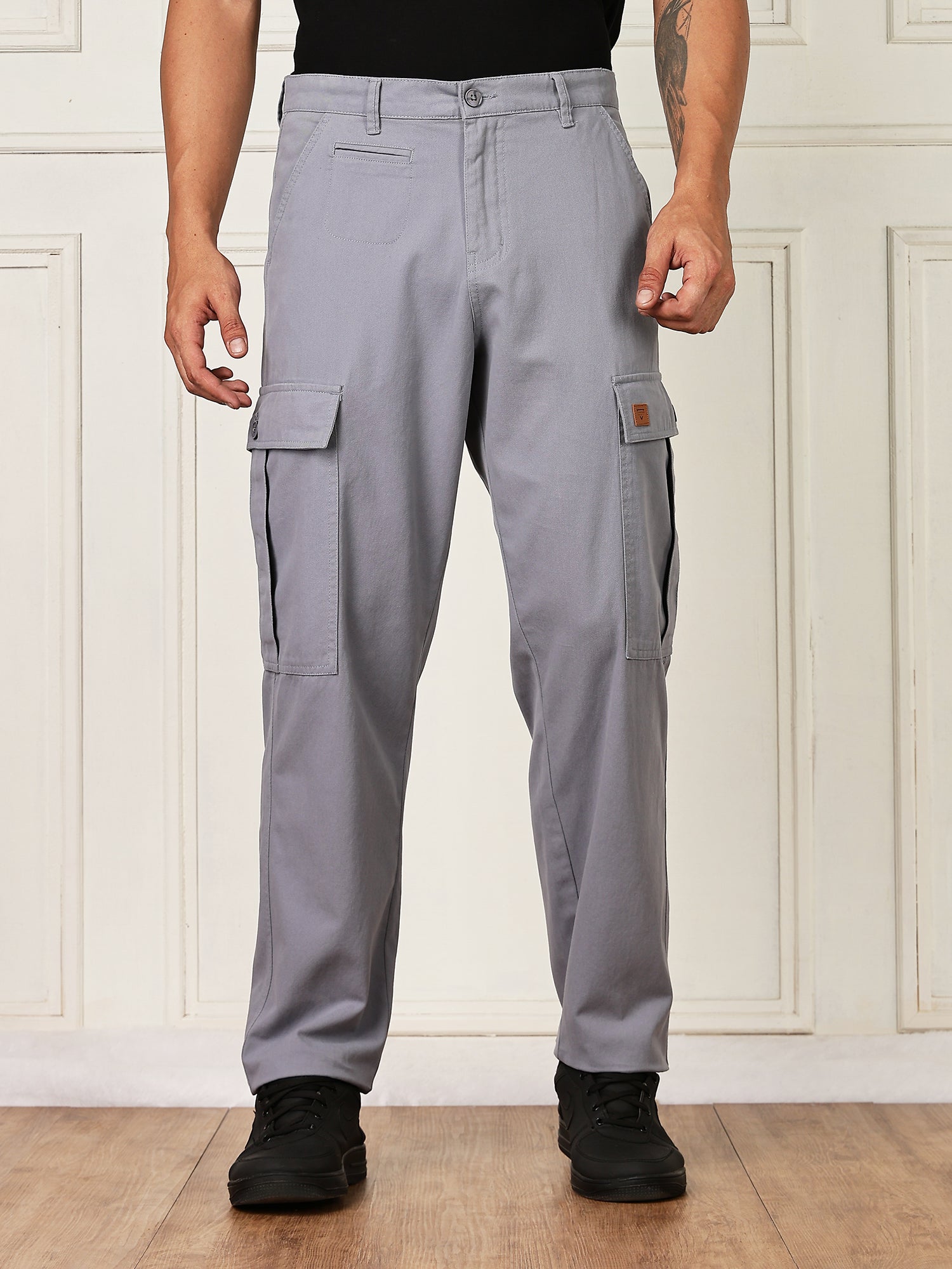 Thomas Scott Men LightBlue Mid-Rise Straight Fit Woven Cargo Trouser