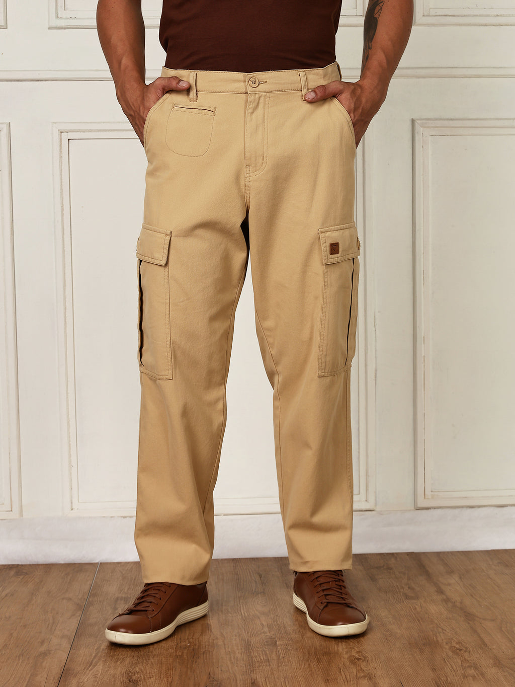 Thomas Scott Men Beige Mid-Rise Straight Fit Woven Cargo Trouser