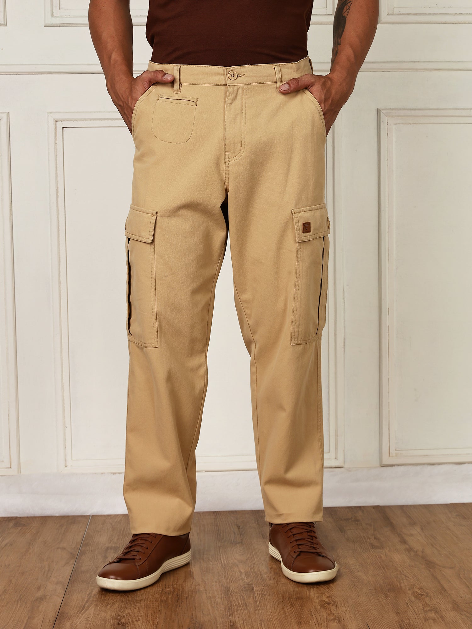 Thomas Scott Men Beige Mid-Rise Straight Fit Woven Cargo Trouser