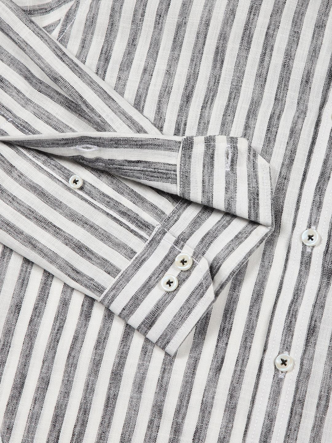 Black Premium Linen Slim Fit Striped Spread Collar Casual Shirt For Men