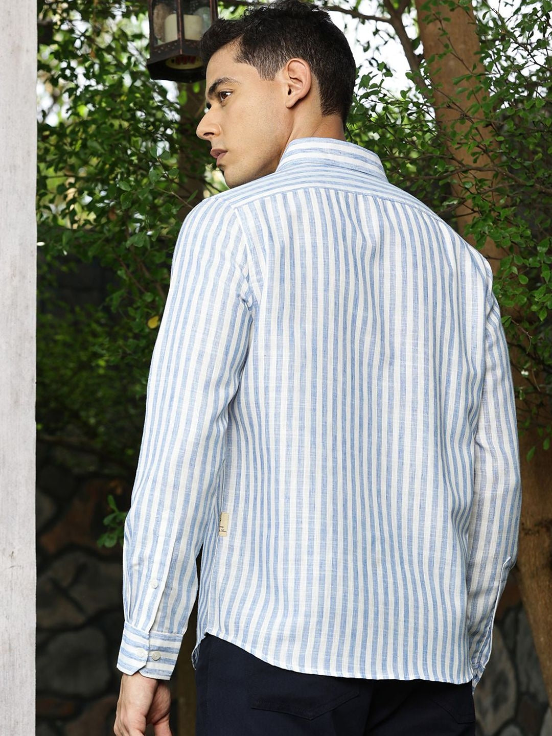 Blue Premium Linen Slim Fit Striped Spread Collar Casual Shirt For Men