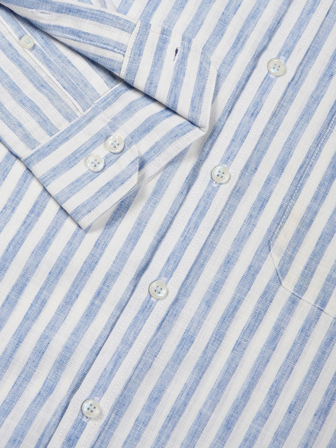 Blue Premium Linen Slim Fit Striped Spread Collar Casual Shirt For Men