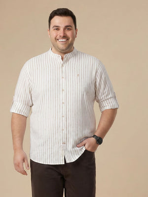 Brown Premium Plus Size Regular Fit Long Roll-Up Sleeves Mandarian Collar Linen Casual Shirt For Men