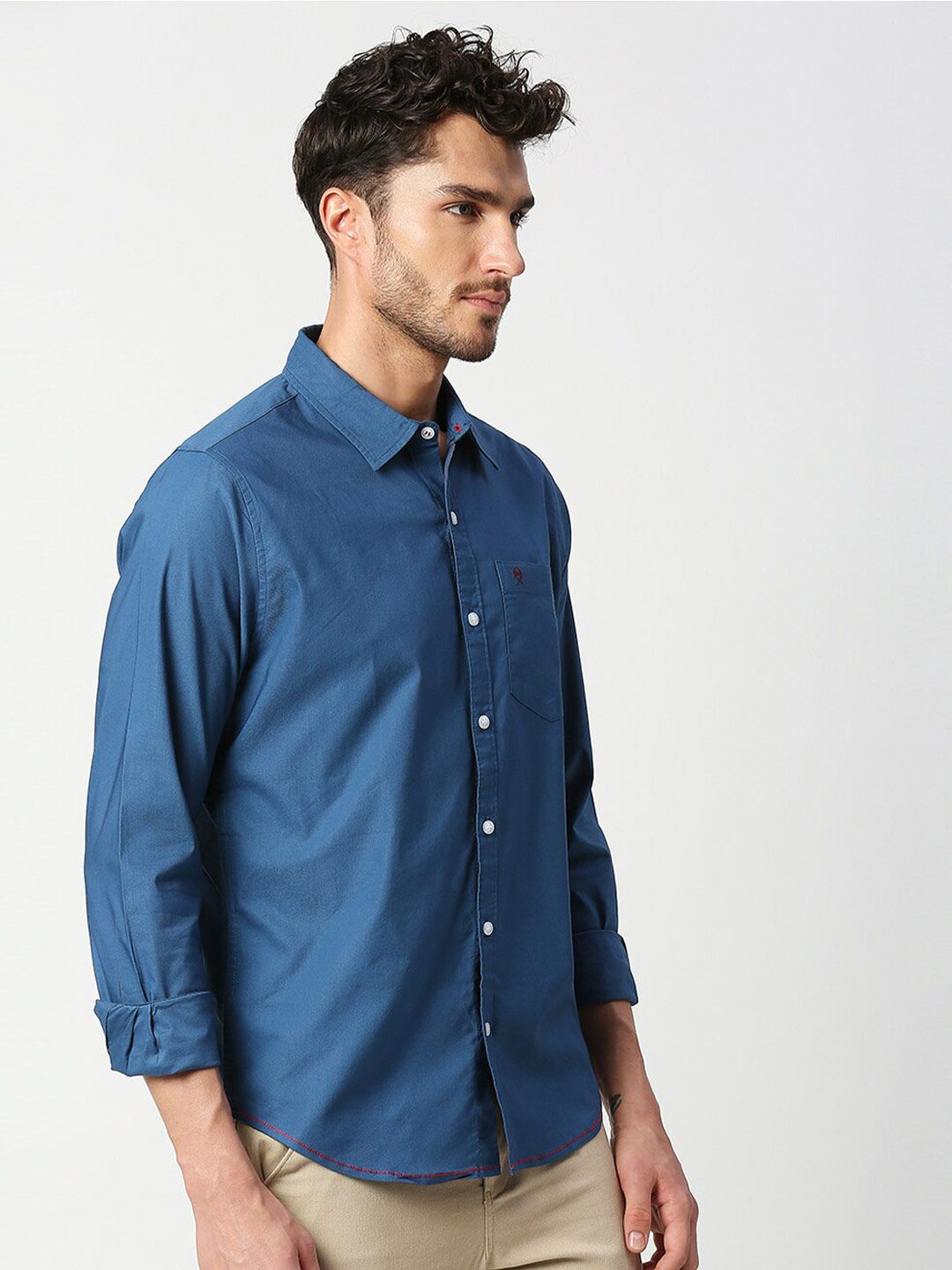 Dark Blue Slim Fit Long Sleeves Spread Solid Collar Casual Shirt For Men