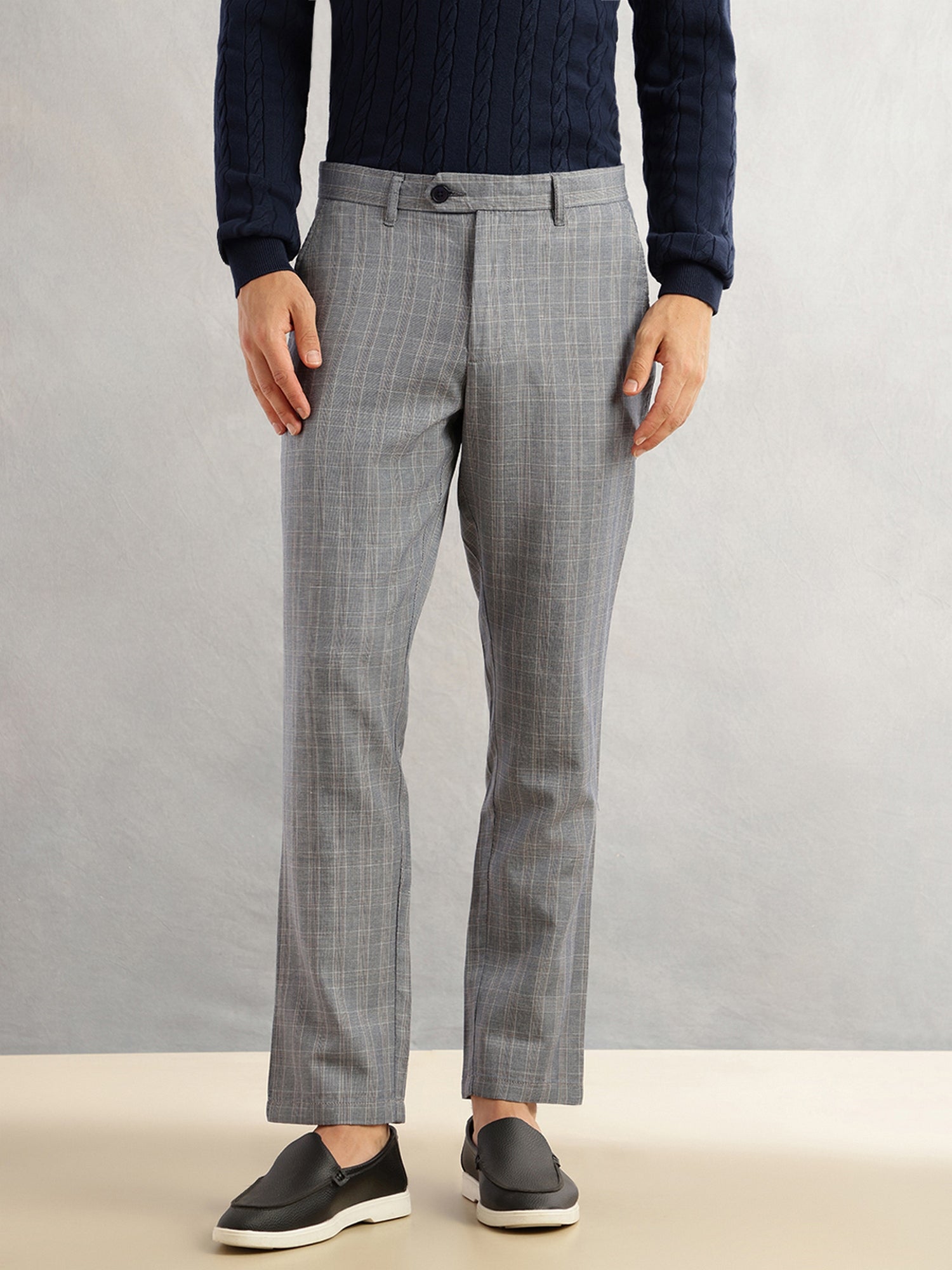 Thomas Scott Men Navy Straight Fit Mid-Rise Checked Woven Regular Trouser
