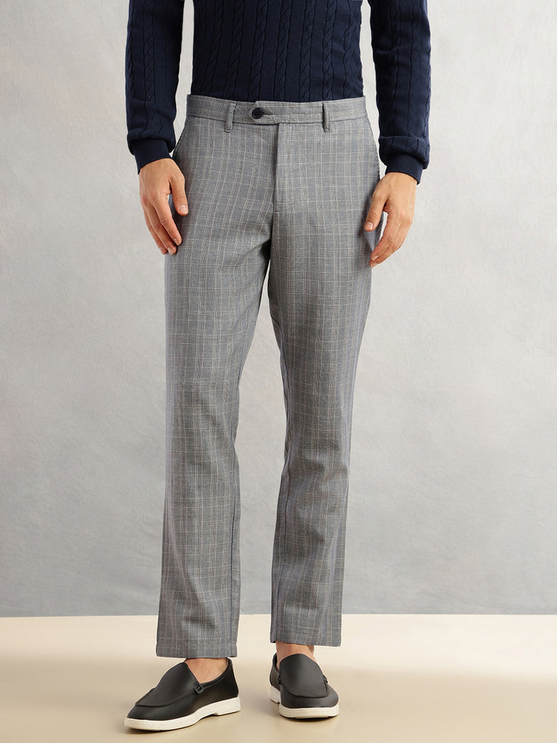 Thomas Scott Men Navy Straight Fit Mid-Rise Checked Woven Regular Trouser