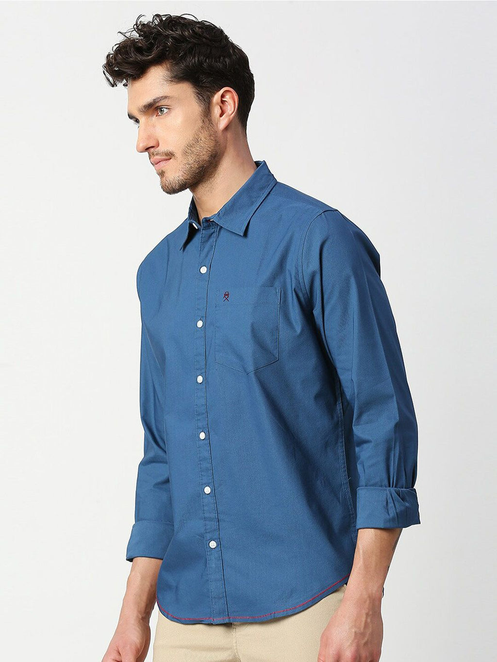 Dark Blue Slim Fit Long Sleeves Spread Solid Collar Casual Shirt For Men