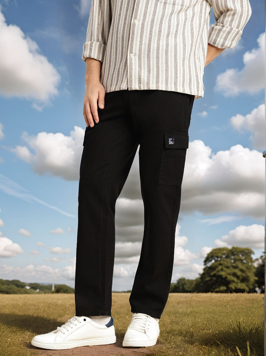 Thomas Scott Men Black Cricket Club Collection Straight Fit Mid-Rise 100% Cotton Woven Cargo Trouser