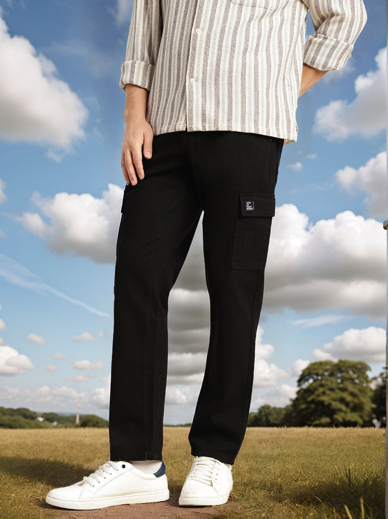 Thomas Scott Men Black Cricket Club Collection Straight Fit Mid-Rise 100% Cotton Woven Cargo Trouser