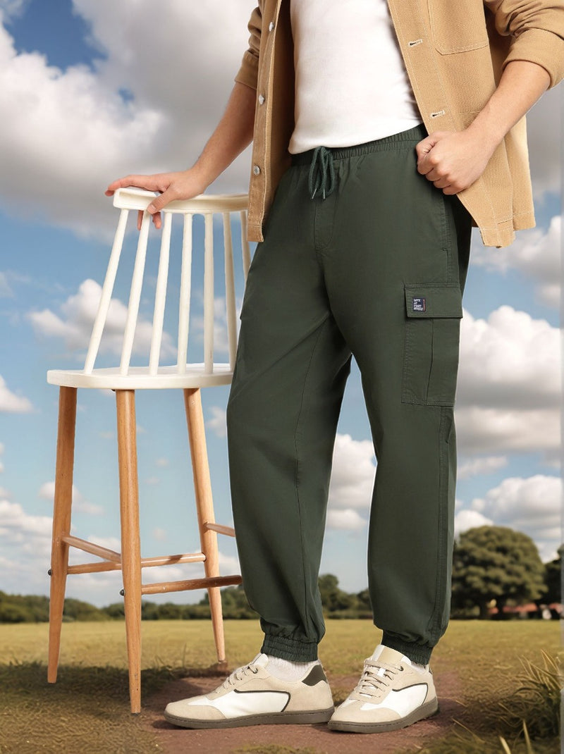 Thomas Scott Men Green Cricket Club Collection Cargo Fit Mid Rise Solid 100% Cotton Woven Joggers