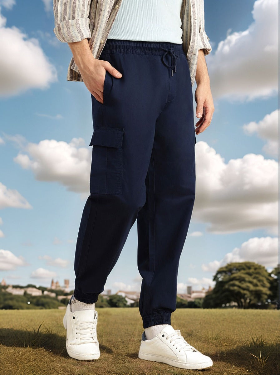 Thomas Scott Men Navy Cricket Club Collection Cargo Fit Mid Rise Solid 100% Cotton Woven Joggers