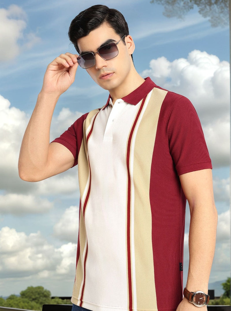 Thomas Scott Men Brick Red Regular Fit Short Sleeves Striped Cotton Polyester Knitted Polo Collar Tshirt