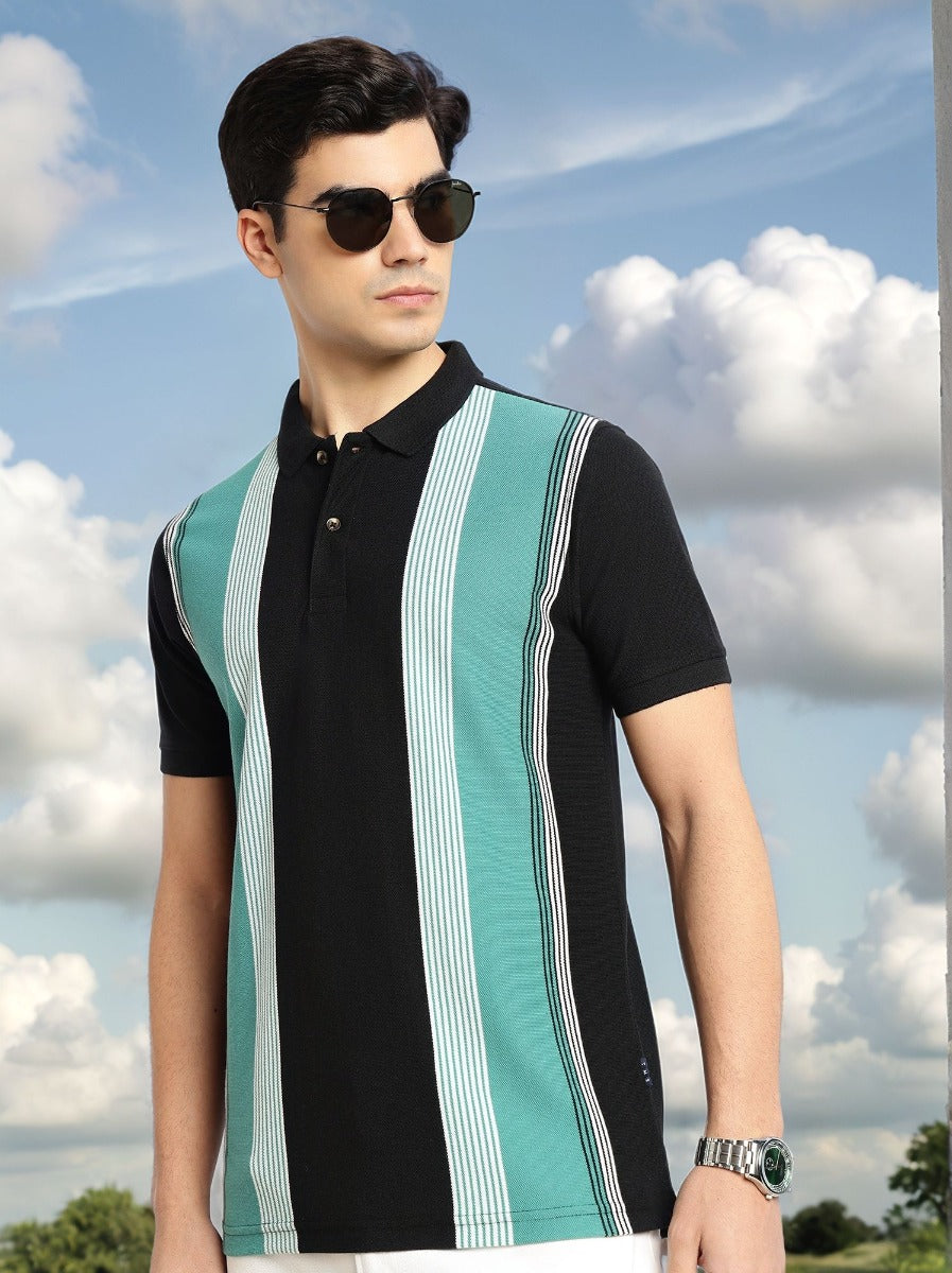 Thomas Scott Men Black Regular Fit Short Sleeves Striped Cotton Polyester Knitted Polo Collar Tshirt