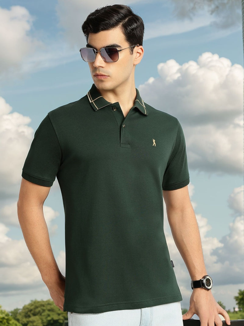 Thomas Scott Men Green Cricket Club Collection Regular Fit Short Sleeve 100% Cotton Knitted Polo Collar T-Shirt