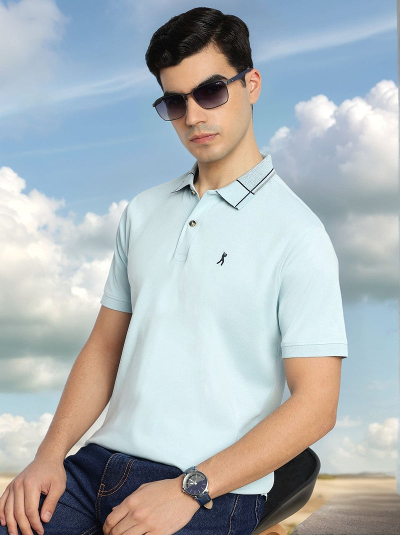 Thomas Scott Men Sky Blue Cricket Club Collection Regular Fit Short Sleeve 100% Cotton Knitted Polo Collar T-Shirt