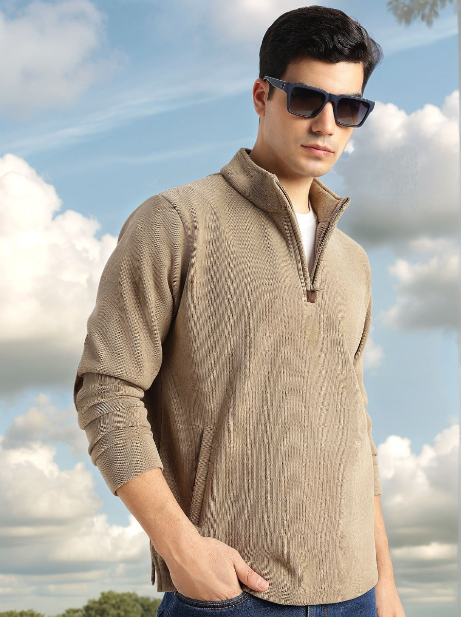 Thomas Scott Men Beige Regular Fit Long Sleeves Mock Collar Solid 100% Polyester Half-Zip Knitted Sweatshirt