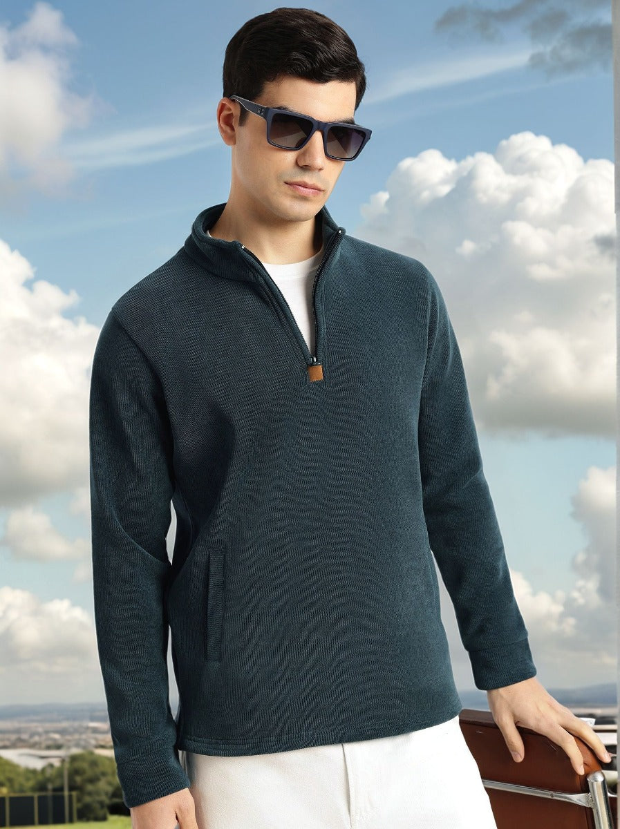 Thomas Scott Men Green Regular Fit Long Sleeves Mock Collar Solid 100% Polyester Half-Zip Knitted Sweatshirt