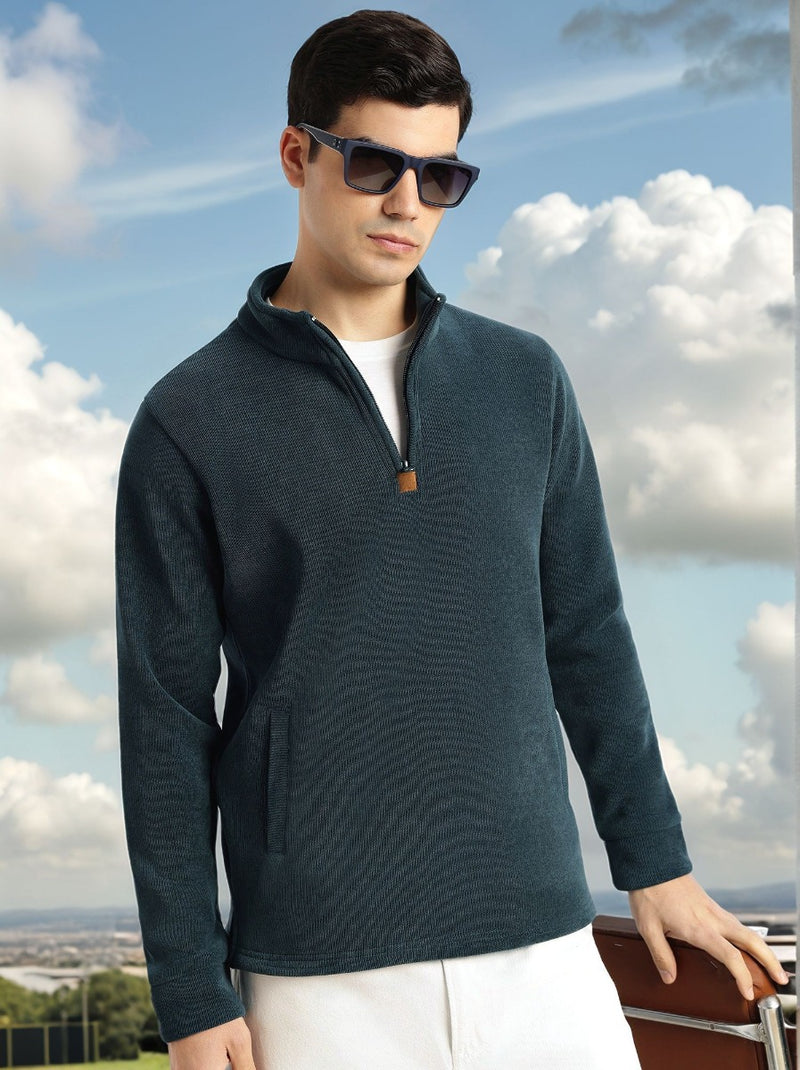 Thomas Scott Men Green Regular Fit Long Sleeves Mock Collar Solid 100% Polyester Half-Zip Knitted Sweatshirt