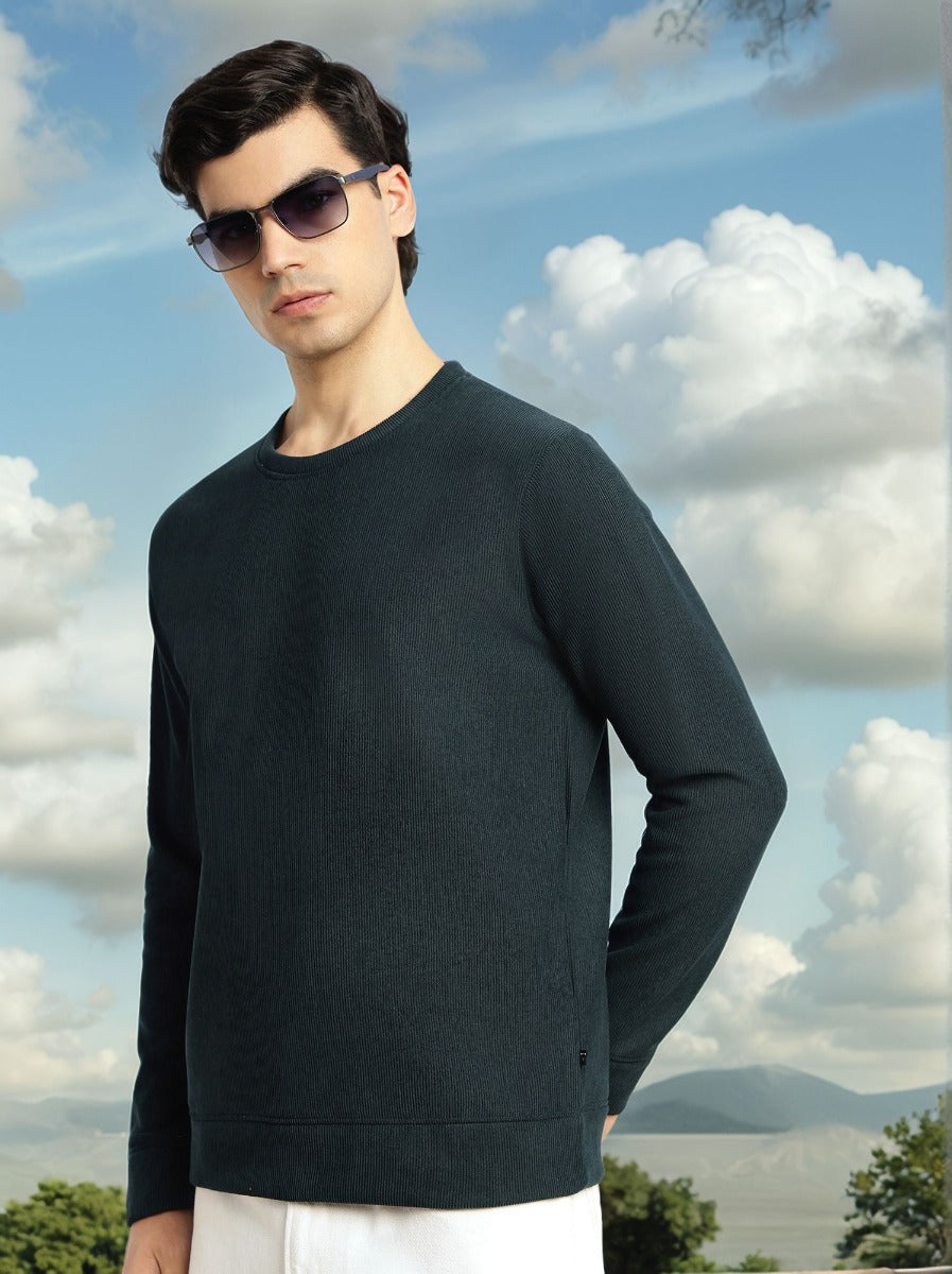 Thomas Scott Men Bottle Green Regular Fit Long Sleeves Round Neck Solid Polyester Pullover Sweatshirt