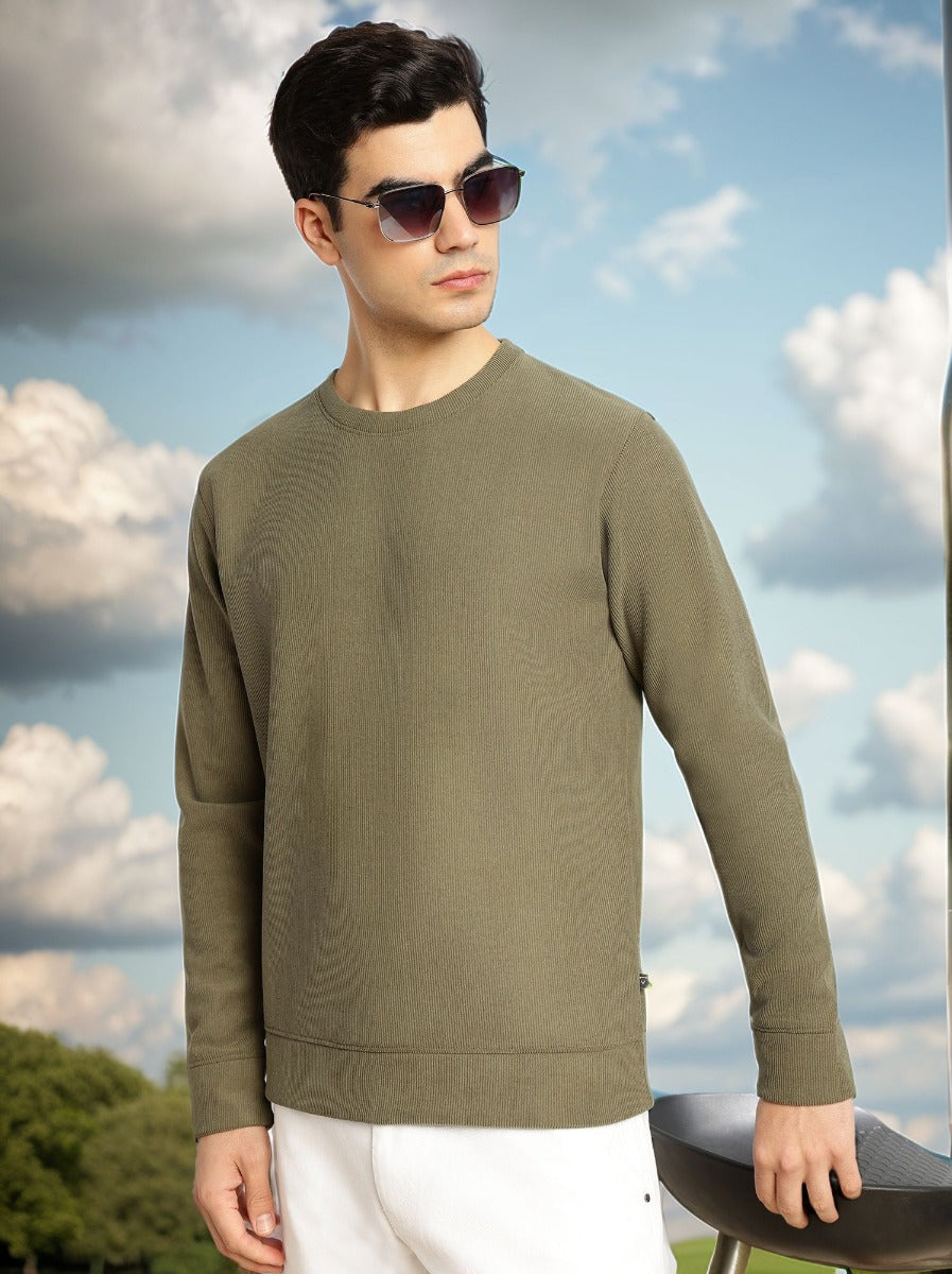 Thomas Scott Men Olive Regular Fit Long Sleeves Round Neck Solid Polyester Pullover Sweatshirt
