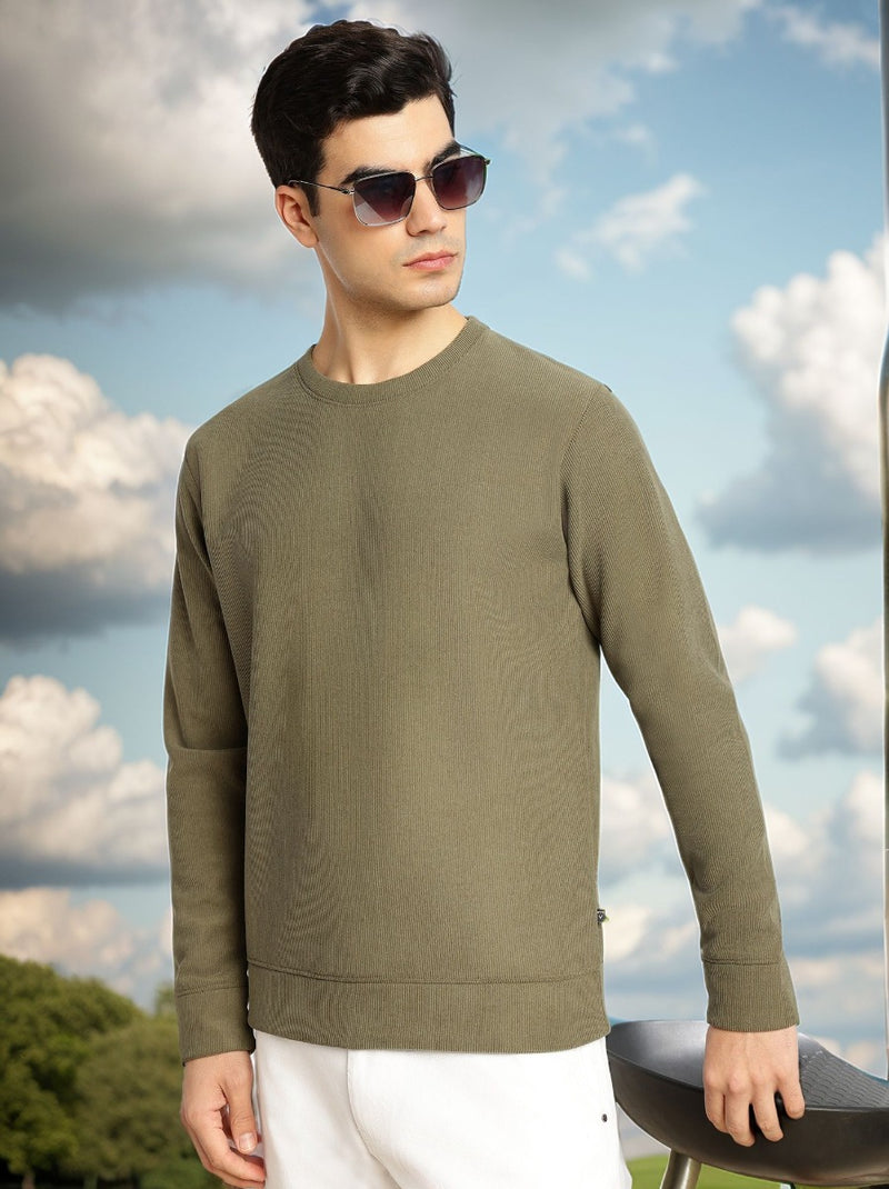 Thomas Scott Men Olive Regular Fit Long Sleeves Round Neck Solid Polyester Pullover Sweatshirt