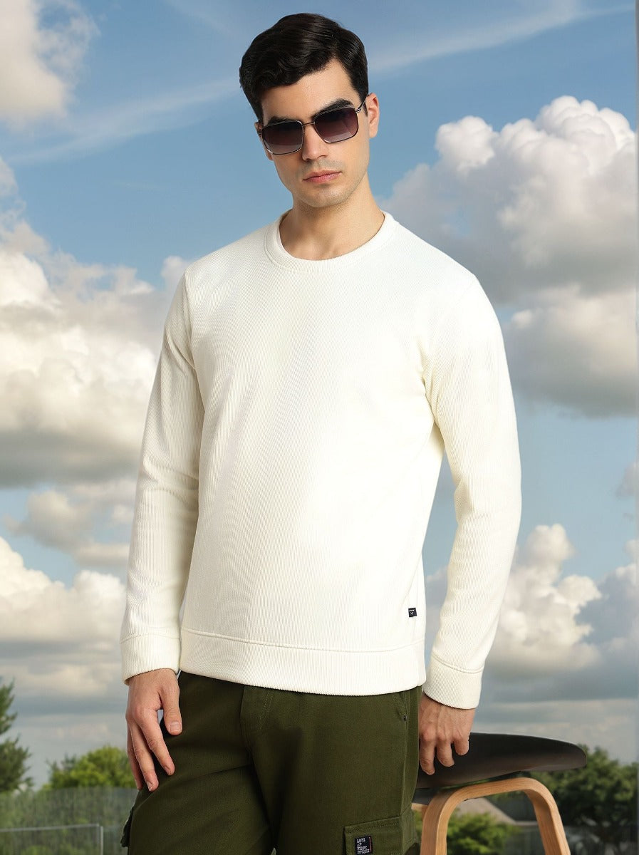 Thomas Scott Men White Regular Fit Long Sleeves Round Neck Solid Polyester Pullover Sweatshirt