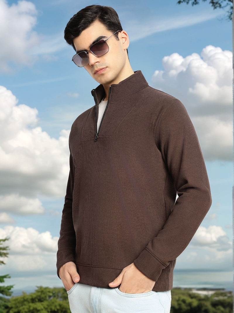 Thomas Scott Men Brown Regular Fit Long Sleeves Mock Neck Half-Zip Solid Polyester Knitted Sweatshirt