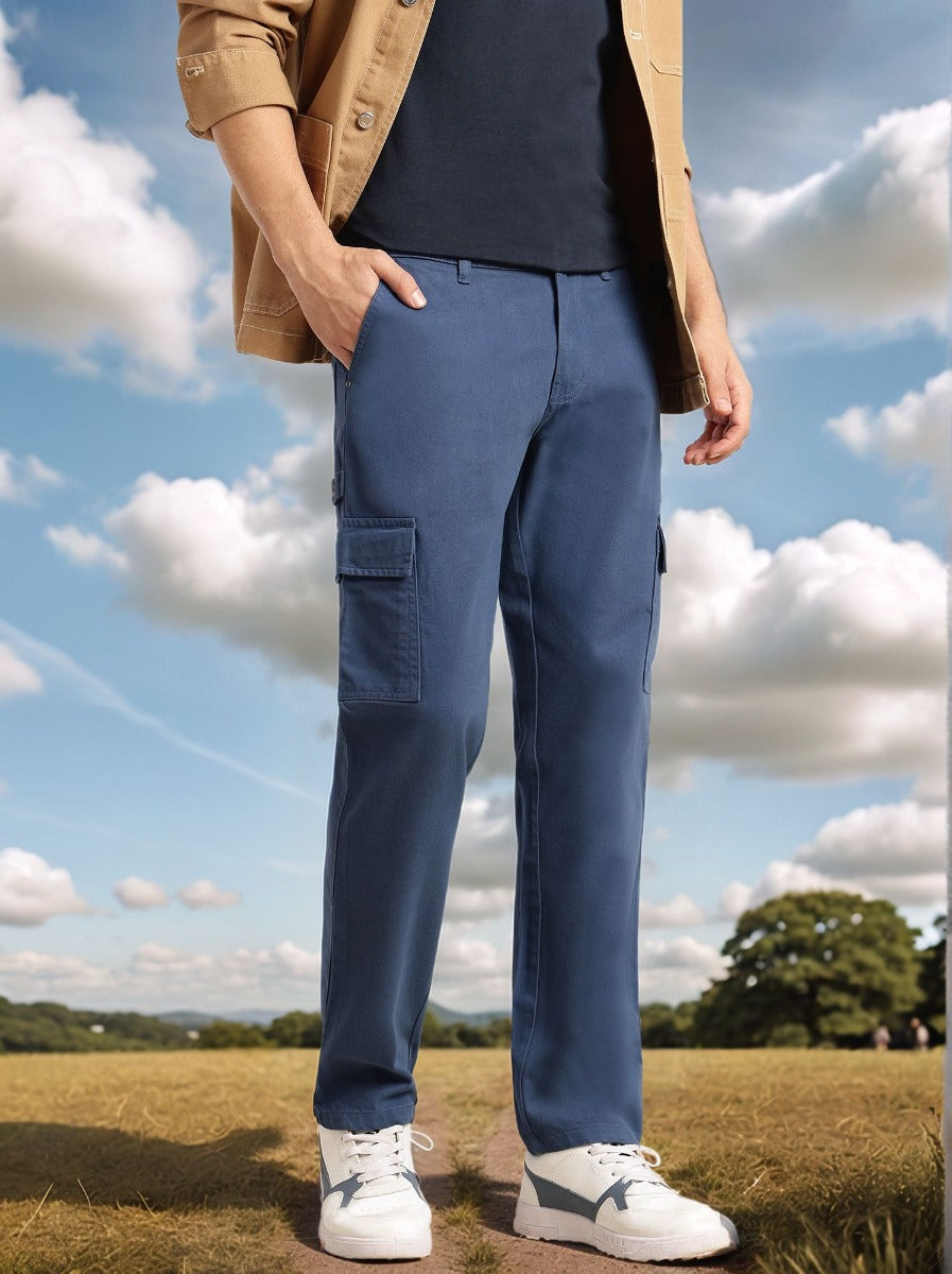 Thomas Scott Men Blue Cricket Club Collection Straight Fit Mid-Rise 100% Cotton Woven Cargo Trouser