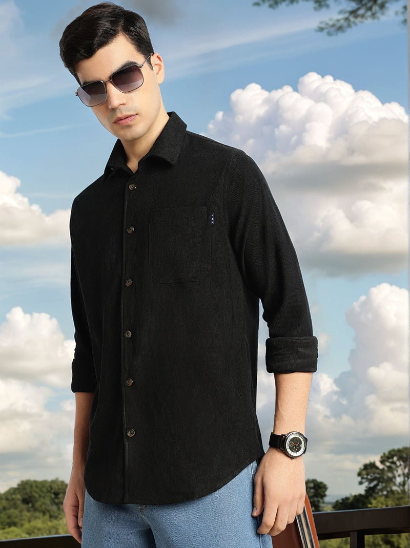 Thomas Scott Men Black Relaxed Fit Long Sleeves Spread Collar Corduroy Casual Shirt