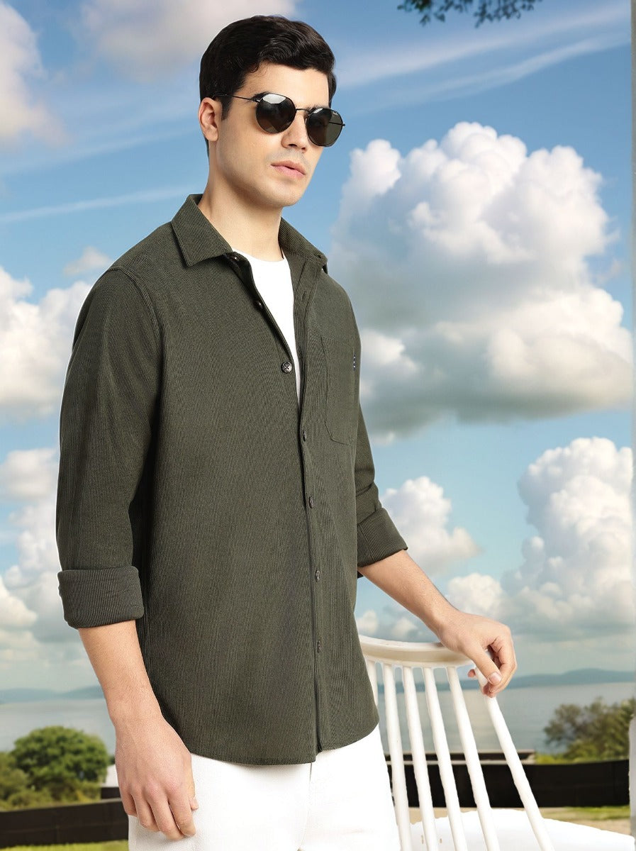 Thomas Scott Men Olive Relaxed Fit Long Sleeves Spread Collar Corduroy Casual Shirt