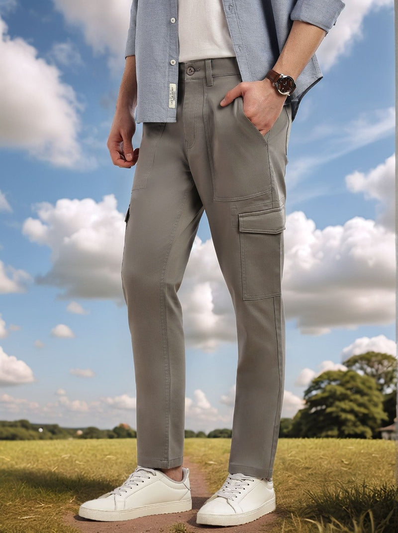 Thomas Scott Men Grey Cricket Club Collection Relaxed Fit Cotton Solid Woven Cargo Trouser